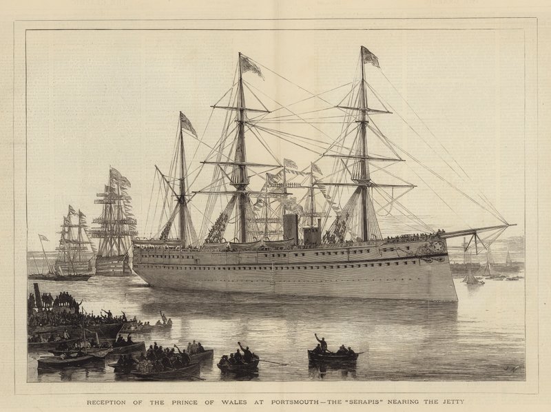 A walesi herceg fogadása Portsmouthban, a Serapis a móló közelében alkotó: Joseph Nash