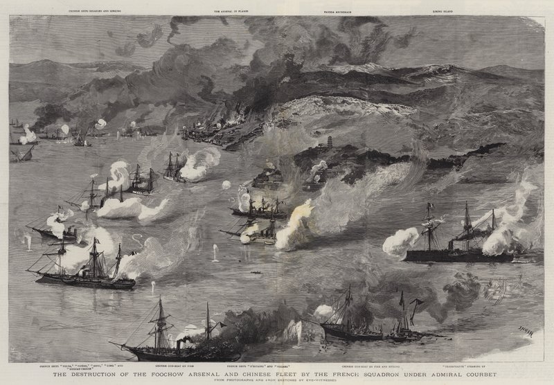 A Foochow Arzenál és a kínai flotta megsemmisítése a Courbet admirális vezette francia osztag által alkotó: Joseph Nash