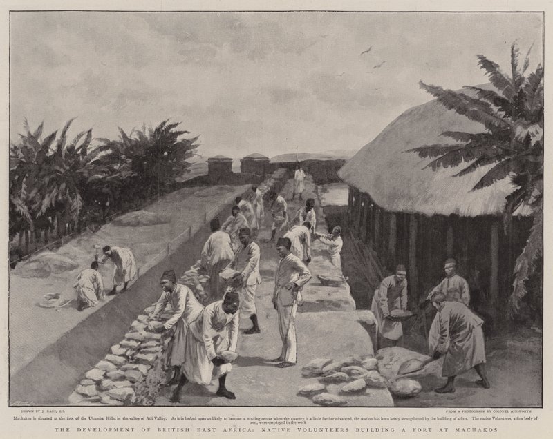 Brit Kelet-Afrika fejlődése, bennszülött önkéntesek erődöt építenek Machakosban alkotó: Joseph Nash