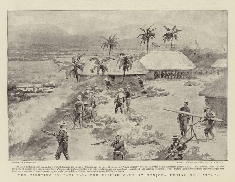 A zanzibári harcok, a gonjorai brit tábor a támadás során alkotó: Joseph Nash