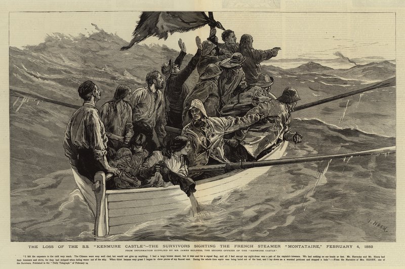 Az S S Kenmure kastély elvesztése, a túlélők a Montataire francia gőzhajó láttán, 1883. február 4. alkotó: Joseph Nash