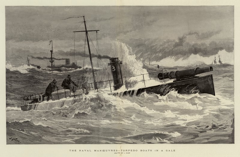 A haditengerészeti manőverek, torpedócsónakok egy gale-ban alkotó: Joseph Nash