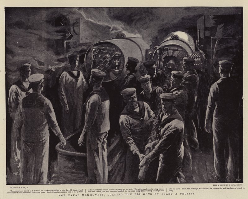 A haditengerészeti manőverek, a nagyágyúk töltése egy cirkáló fedélzetére alkotó: Joseph Nash