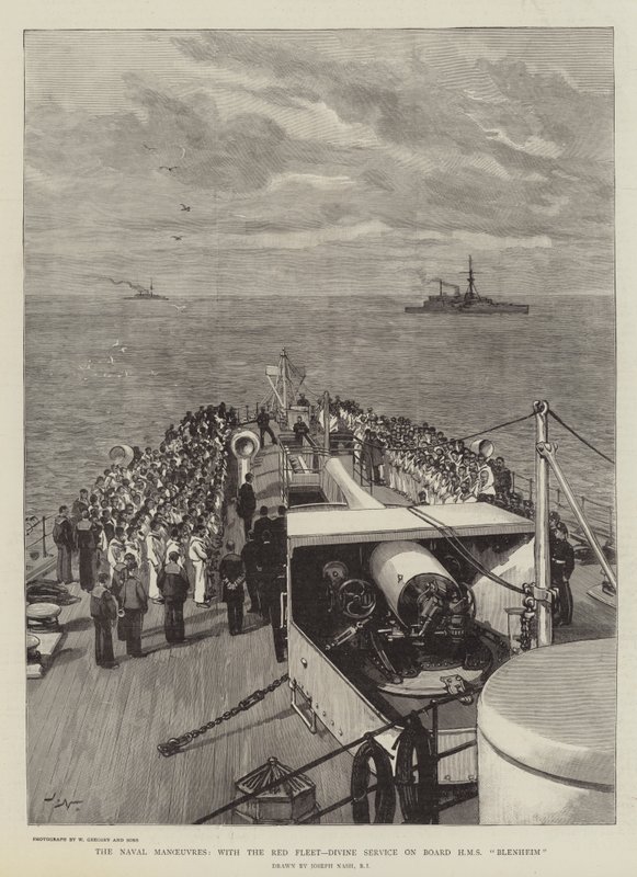 A haditengerészeti manőverek a Vörös Flottával, Isteni Szolgálat a HMS Blenheim fedélzetén alkotó: Joseph Nash