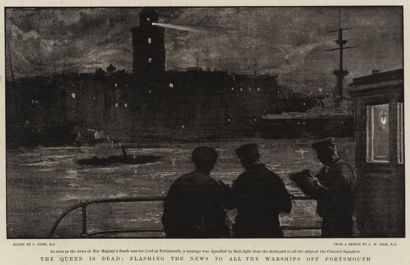 A királynő meghalt, a hírt villogtatva az összes hadihajónak Portsmouthnál alkotó: Joseph Nash