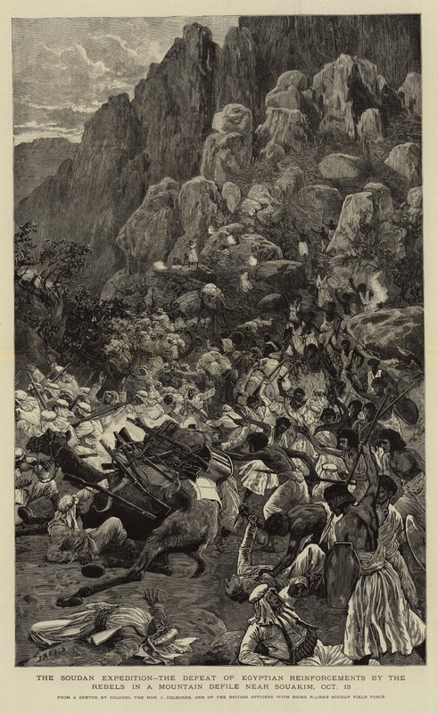 A Soudan-expedíció, az egyiptomi erősítések legyőzése a lázadók részéről a Souakim melletti hegyi szennyeződésben, október 18. alkotó: Joseph Nash