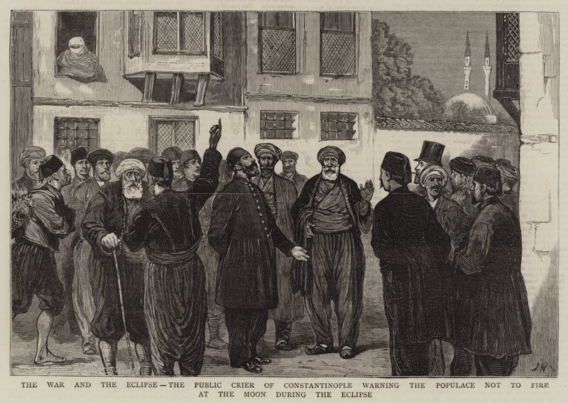 A háború és a napfogyatkozás, a konstantinápolyi kikiáltó figyelmezteti a lakosságot, hogy ne lőjenek a Holdra a napfogyatkozás idején. alkotó: Joseph Nash