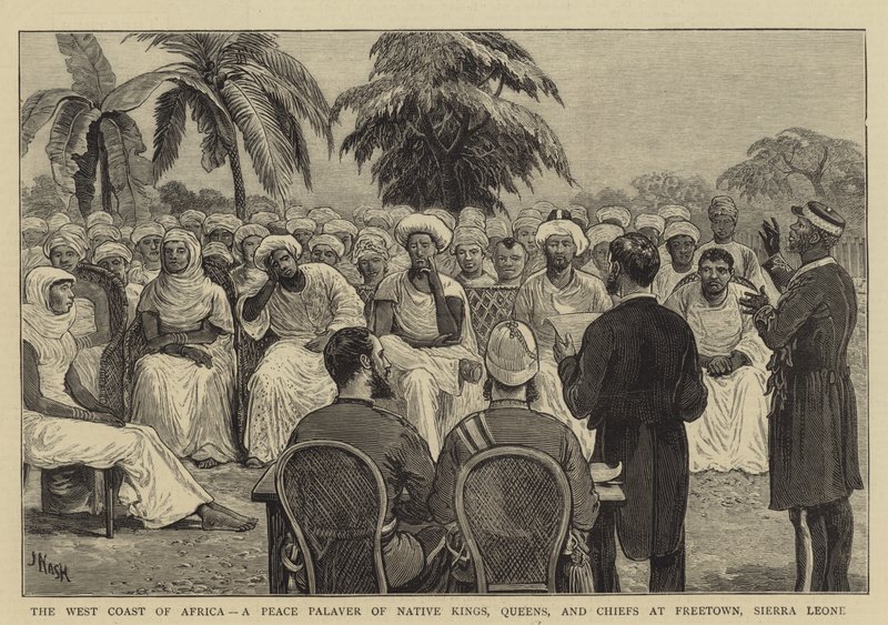 Afrika nyugati partja, a bennszülött királyok, királynék és főnökök békepalotája a Sierra Leone-i Freetownban alkotó: Joseph Nash