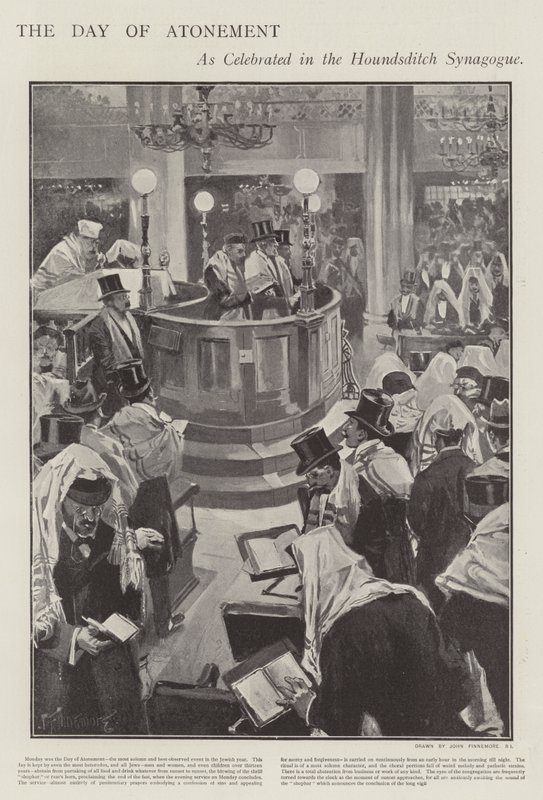 A zsidó engesztelés napjának megünneplése a londoni Houndsditch zsinagógában (litho) alkotó: Joseph (after) Finnemore