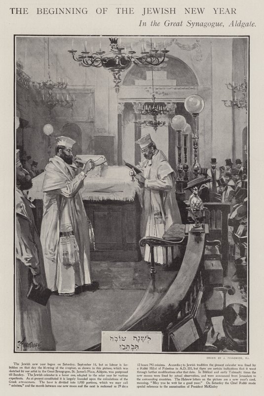 A zsidó újév kezdetének ünneplése a Nagy Zsinagógában, Aldgate, London (litho) alkotó: Joseph (after) Finnemore
