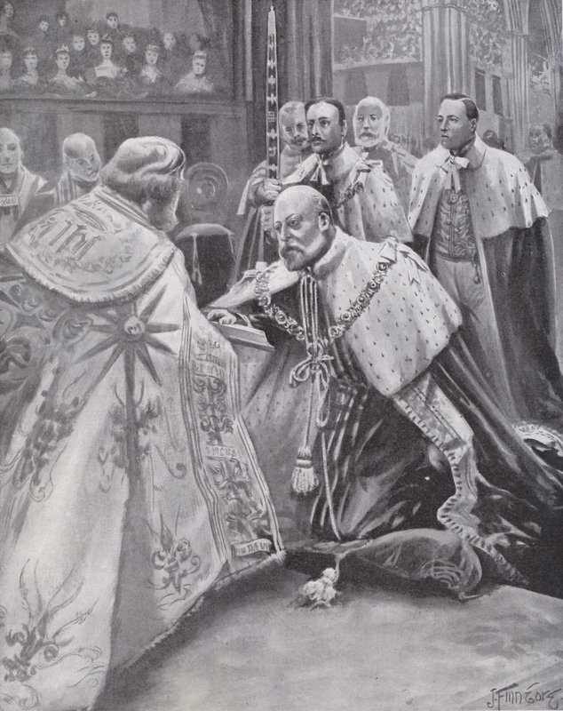 VII. Edward király esküt tesz koronázásán, a londoni Westminster Abbeyben alkotó: Joseph (after) Finnemore