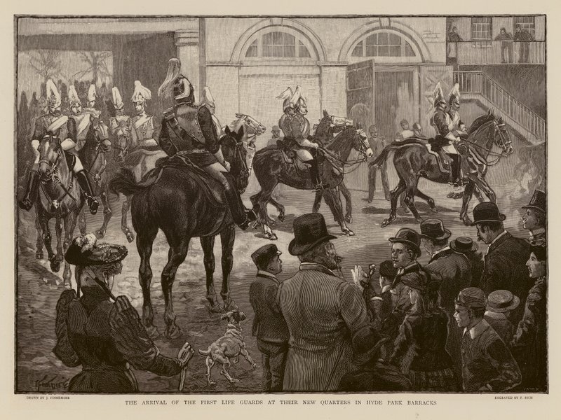 Az életvédők megérkeznek új laktanyájukba a londoni Hyde Parkban (metszet) alkotó: Joseph (after) Finnemore