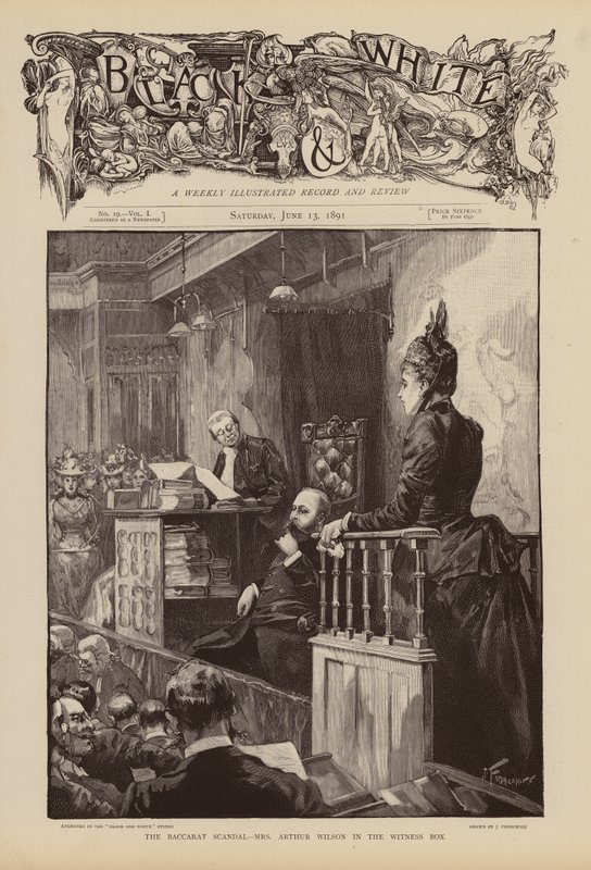 Arthur Wilson asszony tanúvallomást tesz a Baccarat-botrány tárgyalásán (metszet) alkotó: Joseph (after) Finnemore