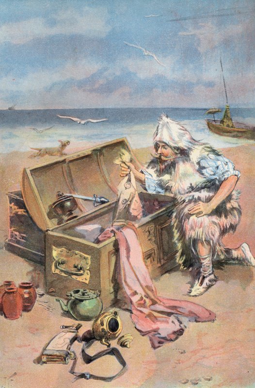 Robinson Crusoe: Megvizsgálom a ládákat (színes litho) alkotó: Joseph (after) Finnemore
