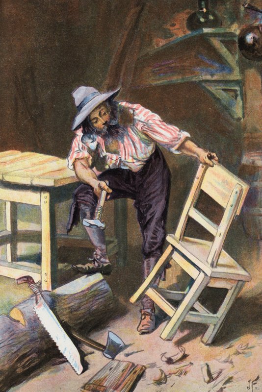 Robinson Crusoe: Készítek egy asztalt és egy széket (színes litho) alkotó: Joseph (after) Finnemore