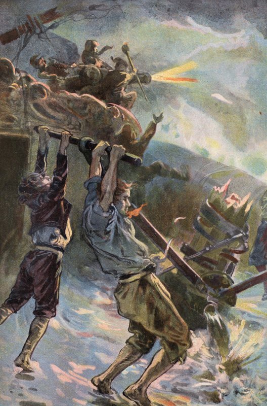 Robinson Crusoe: A szivattyúnál dolgozom (színes litho) alkotó: Joseph (after) Finnemore