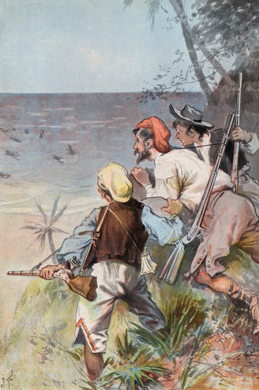 Robinson Crusoe: A vadak megszállták (színes litho) alkotó: Joseph (after) Finnemore