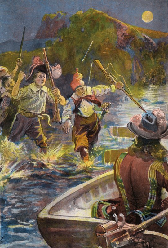 Robinson Crusoe: Embereink rohannak a csónakokért (színes litho) alkotó: Joseph (after) Finnemore