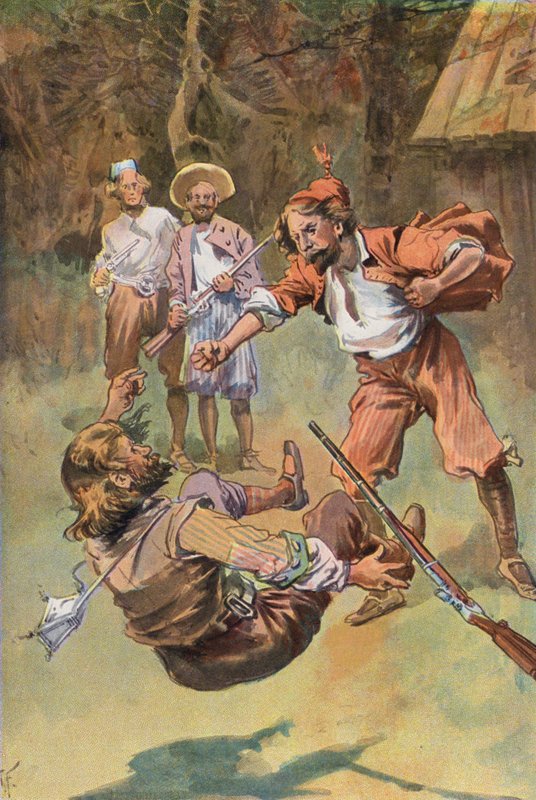 Robinson Crusoe: A spanyol egy ökölcsapással leütötte (színes litó) alkotó: Joseph (after) Finnemore