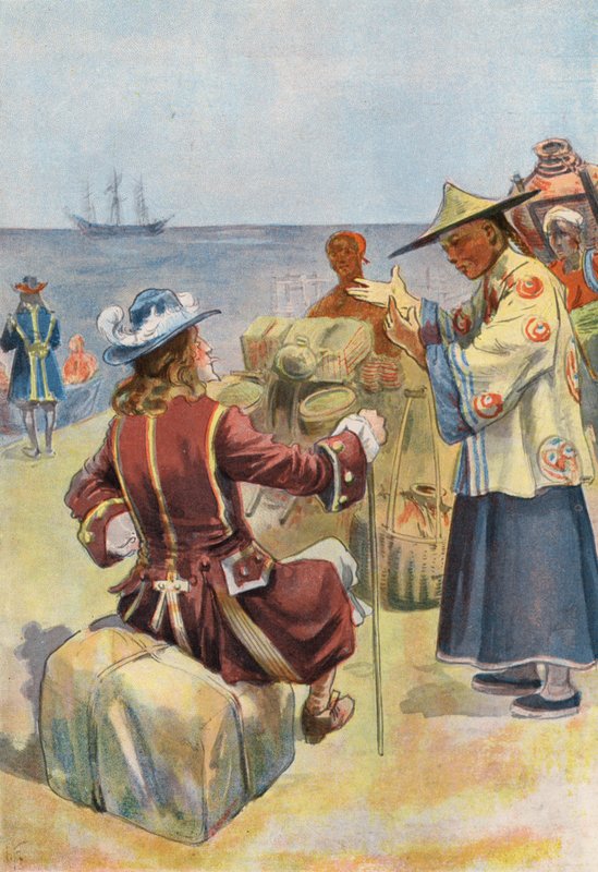 Robinson Crusoe: Kereskedés kínai kereskedőkkel (színes litho) alkotó: Joseph (after) Finnemore