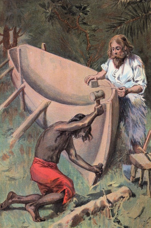 Robinson Crusoe: Készítünk egy nagy csónakot (színes litho) alkotó: Joseph (after) Finnemore