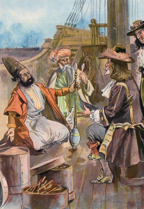 Robinson Crusoe: Fűszerünket perzsa kereskedőknek adjuk el (színes litho) alkotó: Joseph (after) Finnemore
