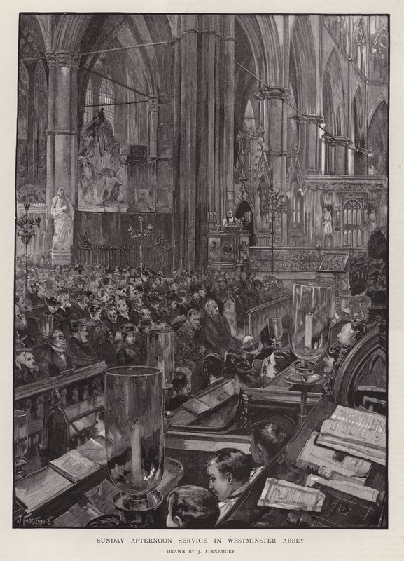 Vasárnap délutáni istentisztelet a londoni Westminster Abbeyben (litho) alkotó: Joseph (after) Finnemore