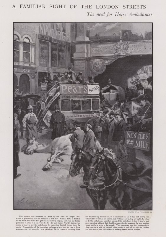 Szükség van lovas mentőkre London utcáin (litho) alkotó: Joseph (after) Finnemore