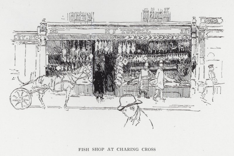 Fish Shop a Charing Crossban (litho) alkotó: Joseph (after) Pennell