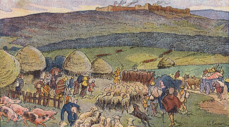 Bibracte, kovácsok által lakott város Galliában, menedékhely veszély idején (színes litho) alkotó: Joseph Beuzon