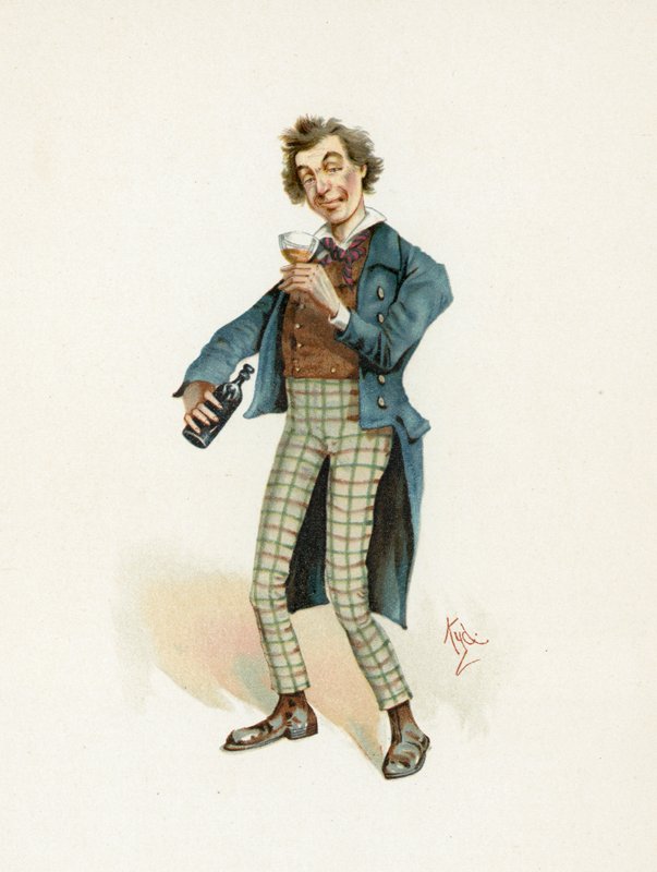 Bob Sawyer, illusztráció a „Character Sketches from Charles Dickens” című könyvből, 1890 körül alkotó: Joseph Clayton Clarke