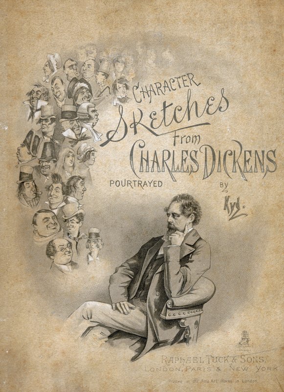 A „Character Sketches from Charles Dickens” elülső borítója, 1890 körül alkotó: Joseph Clayton Clarke