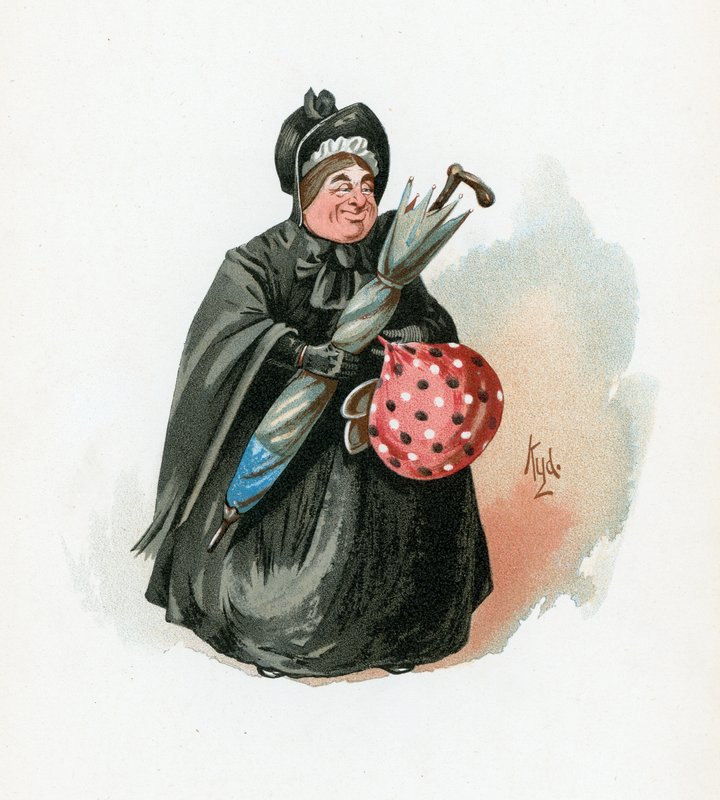 Mrs. Gamp, illusztráció a „Character Sketches from Charles Dickens” című könyvből, 1890 körül alkotó: Joseph Clayton Clarke