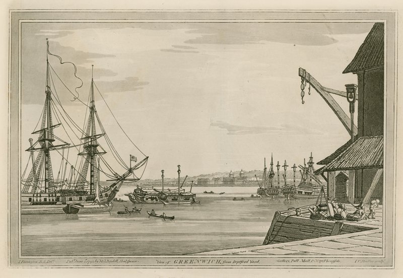 Greenwich kilátása a Deptford Yard felől alkotó: Joseph Farington