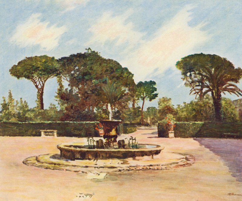 Róma: Villa Medici, A medence és a kert (színes litográfia) alkotó: Joseph Felix Bouchor