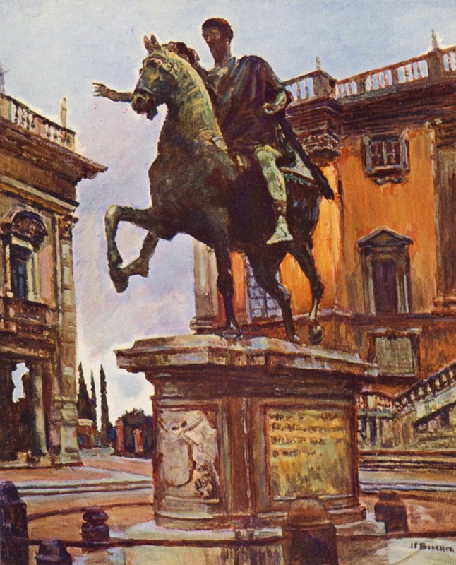 Róma: Marcus Aurelius szobra, Piazza del Campidoglio (színes litográfia) alkotó: Joseph Felix Bouchor