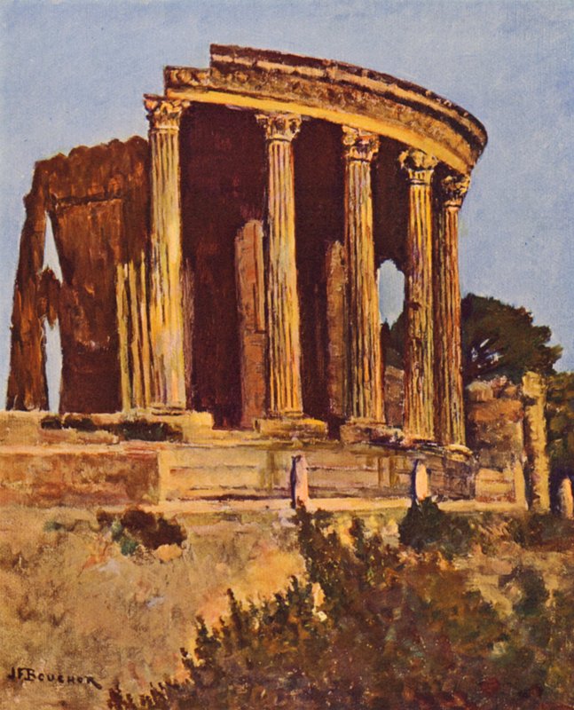Róma: Tivoli, a Szibilla temploma (színes litográfia) alkotó: Joseph Felix Bouchor