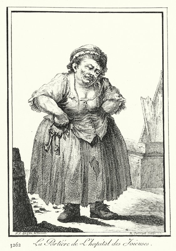 A Hopital des Joieuses ajtónállója (metszet) alkotó: Joseph Franz von (after) Goez