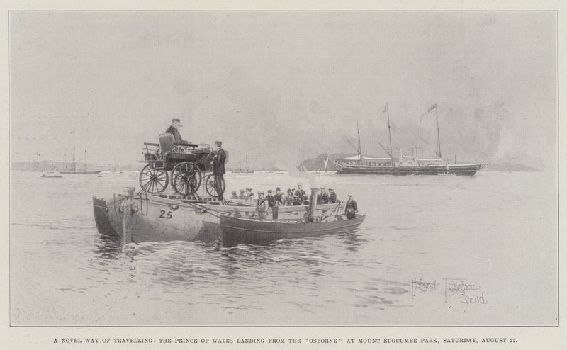 Az utazás újszerű módja, a walesi herceg leszállása az Osborne-ból a Mount Edgcumbe Parkban, augusztus 27., szombat alkotó: Joseph Holland Tringham