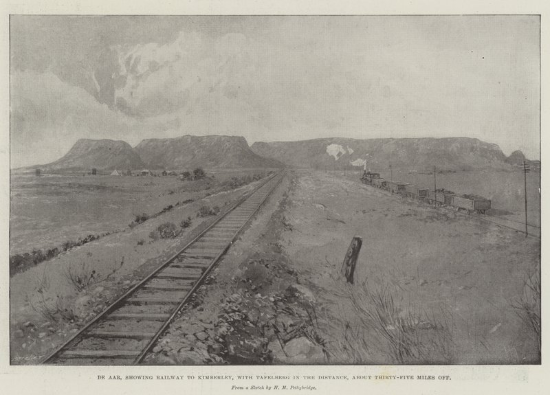 De Aar, a Kimberleybe vezető vasútvonal, a Tafelberggel a távolban, körülbelül harmincöt mérföldre innen. alkotó: Joseph Holland Tringham