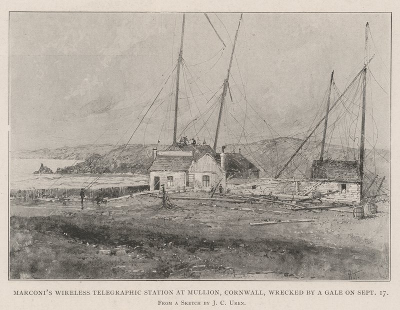 Marconi vezeték nélküli távíró állomása a Cornwall állambeli Mullionban, szeptember 17-én tönkrement egy gázló által alkotó: Joseph Holland Tringham