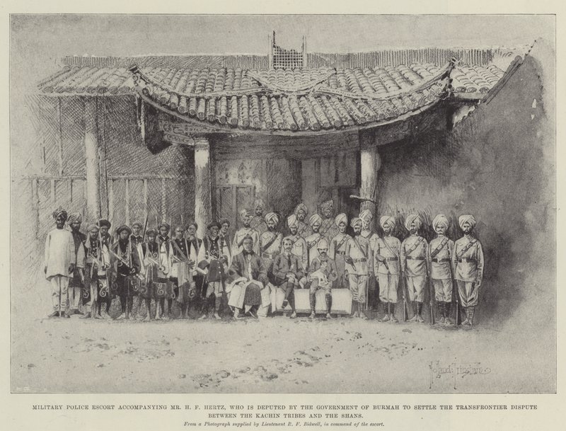 Katonai rendőrség kísérete H. F. Hertz urat kíséri, akit Burmah kormánya képvisel a kachin törzsek és a sánok közötti határon átnyúló vita rendezése érdekében alkotó: Joseph Holland Tringham