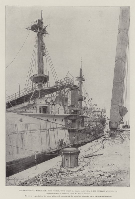 Csatahajó építése, HMS Ocean, ikercsavaros, 1. osztály, 12 950 tonna, a Plymouth-i Dokkgyárban alkotó: Joseph Holland Tringham
