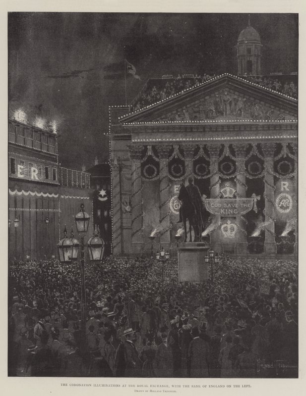 A koronázási megvilágítás a királyi tőzsdén, a Bank of England a bal oldalon alkotó: Joseph Holland Tringham