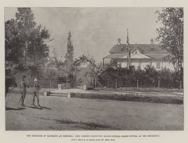 Mafeking védelmezője Pretoriában, Lord Roberts fogadja Baden-Powell vezérőrnagyot a rezidencián alkotó: Joseph Holland Tringham