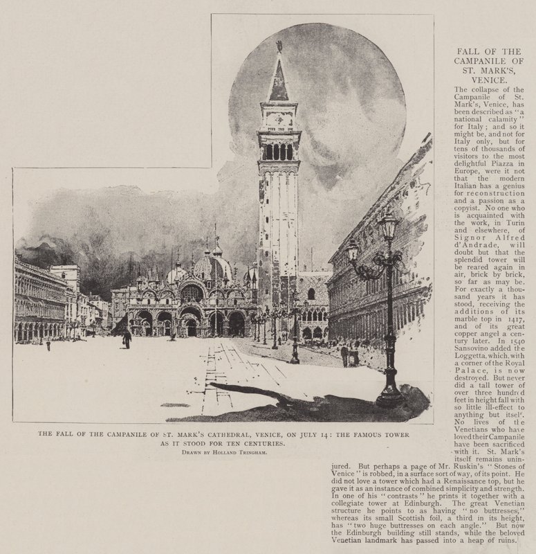 A velencei Szent Márk-székesegyház Campanile-jának leomlása július 14-én, a híres torony, ahogyan tíz évszázadon át állt. alkotó: Joseph Holland Tringham