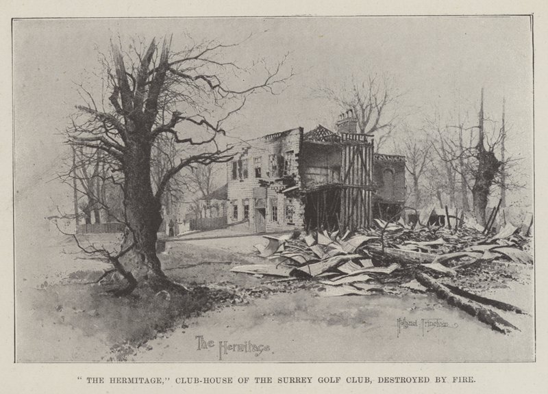 Az Ermitázs, a Surrey golfklub klubháza, tűz pusztította el alkotó: Joseph Holland Tringham