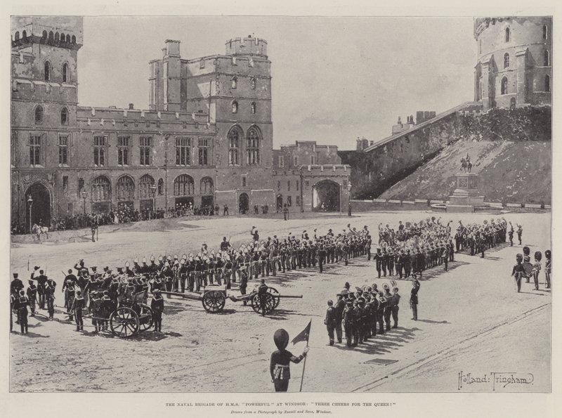 A HMS Erőteljes haditengerészeti brigádja Windsorban, három egészséget a királynőnek! alkotó: Joseph Holland Tringham