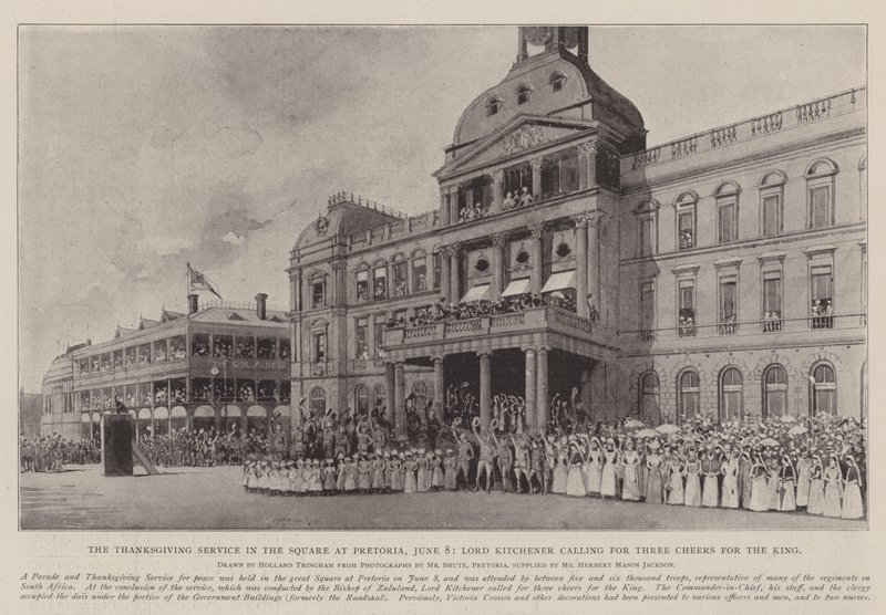 Hálaadás a Pretoria téren június 8-án, Lord Kitchener három éljenzésre szólít a királyért alkotó: Joseph Holland Tringham