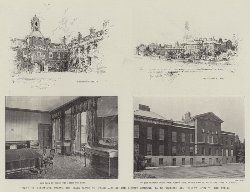 Kilátás a Kensington-palotára, amelynek állami termeit a királynő parancsára helyreállítják és megnyitják a nagyközönség számára alkotó: Joseph Holland Tringham